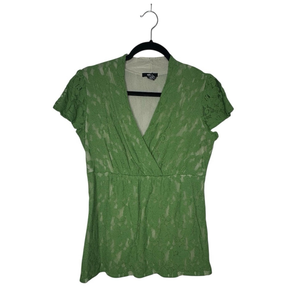 Alfani Green Lace Short Sleeve Surplice Blouse